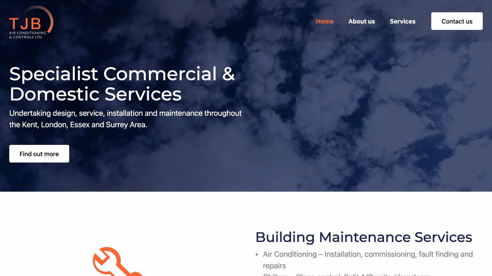 TJB's old website: a stock photo of clouds under Specialist Commercial and Domestic Services, with no phone number