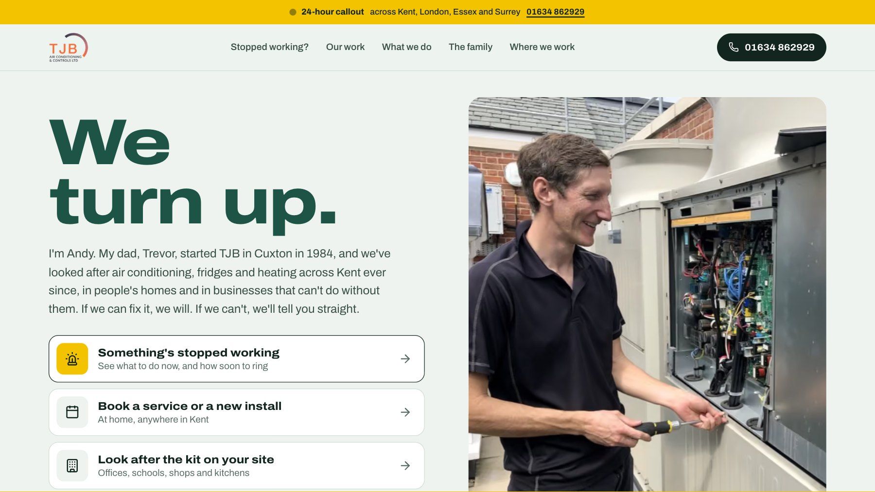 TJB's new website: Andy at work on a unit under We turn up, with the 24-hour number at the top