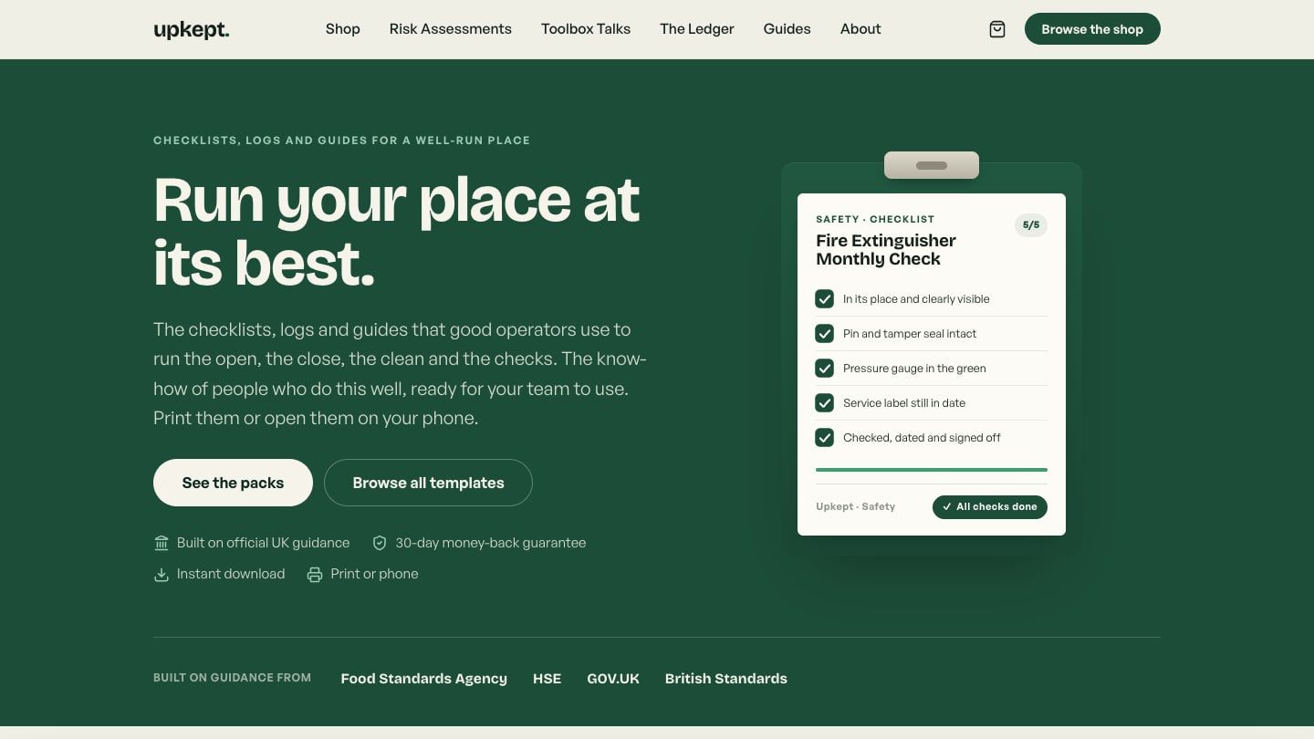 Upkept homepage: Run your place at its best, with a fire extinguisher checklist