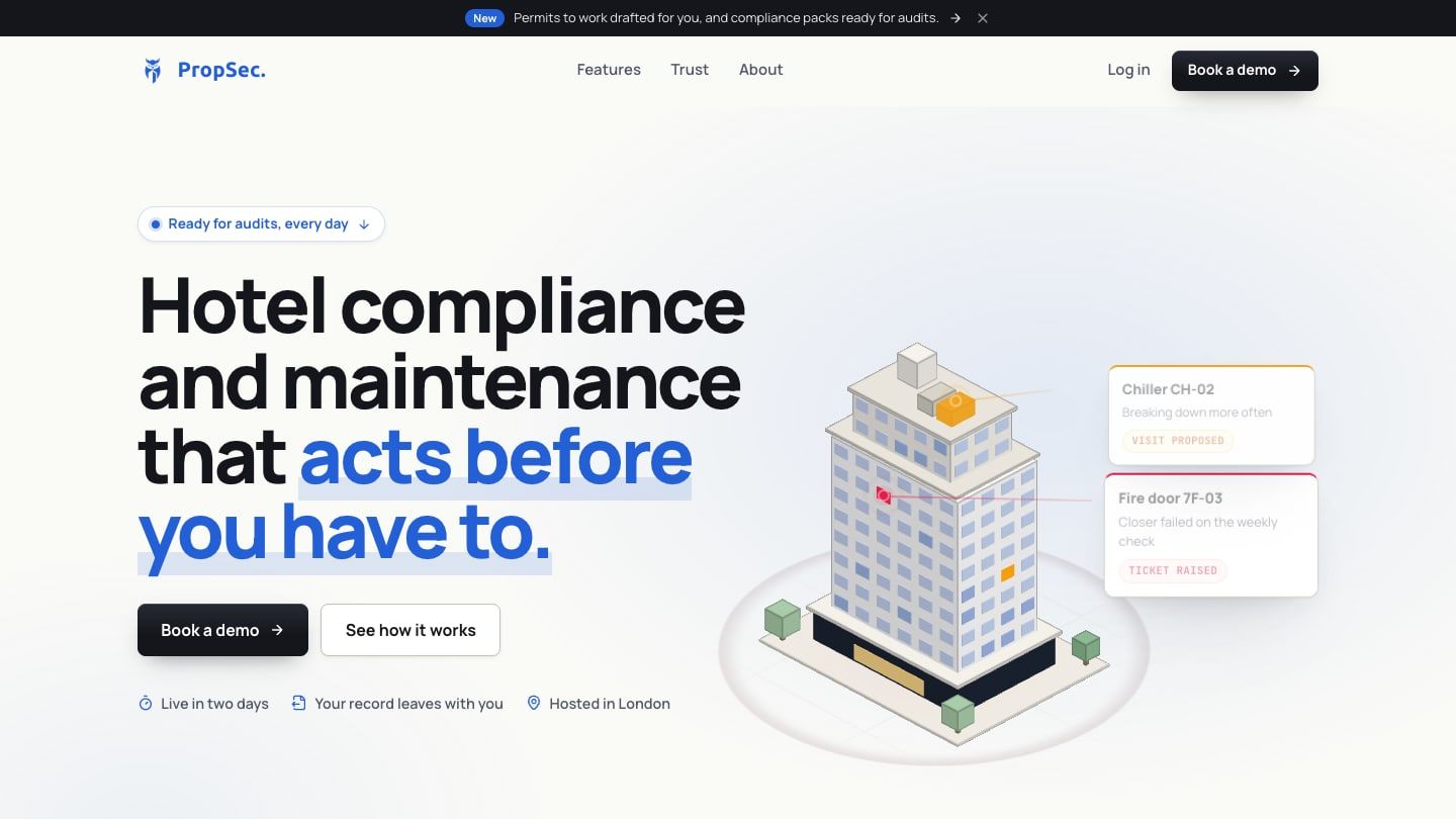 PropSec homepage: Hotel compliance and maintenance that acts before you have to