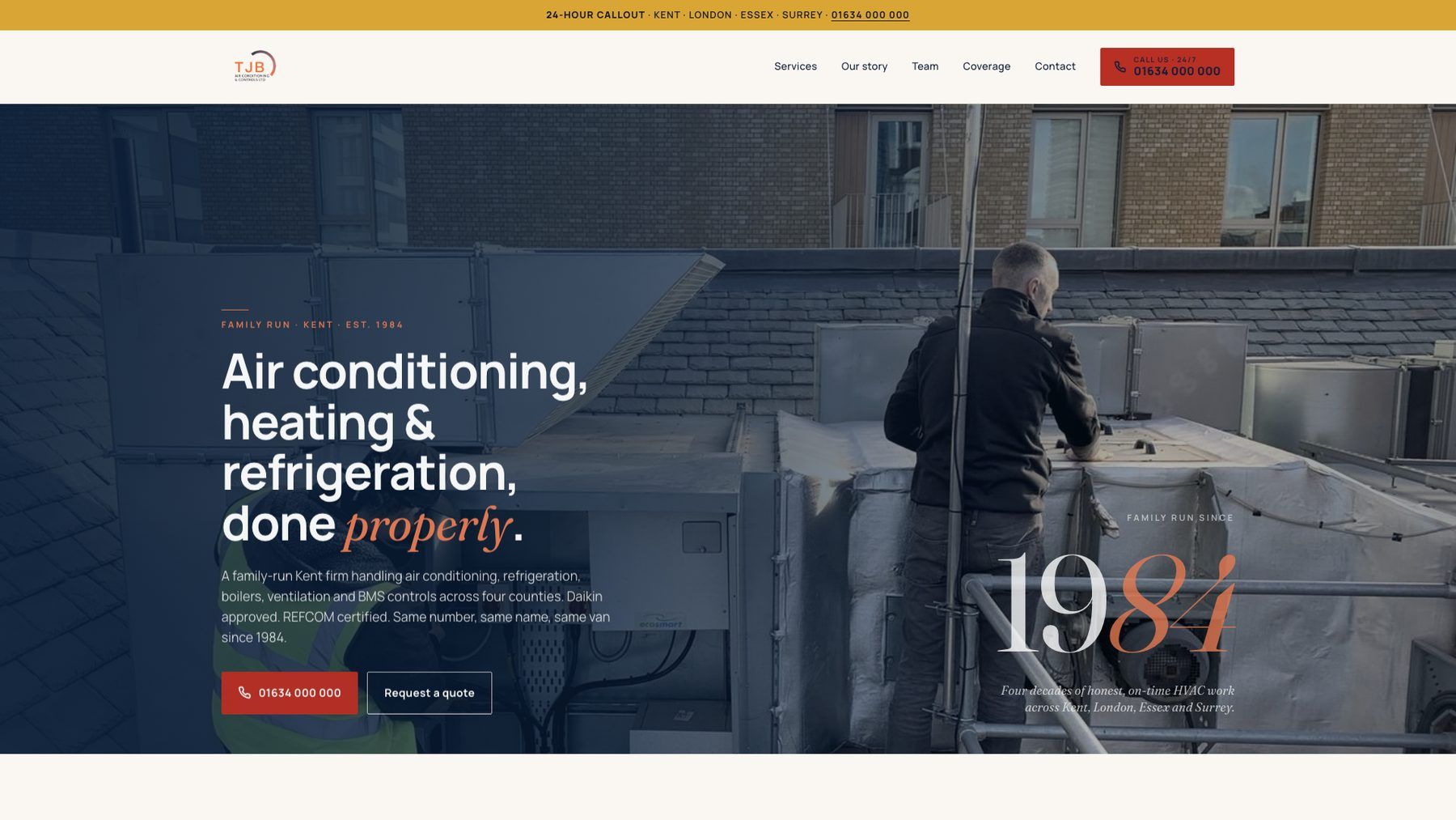 TJB Air Conditioning homepage after the rebuild